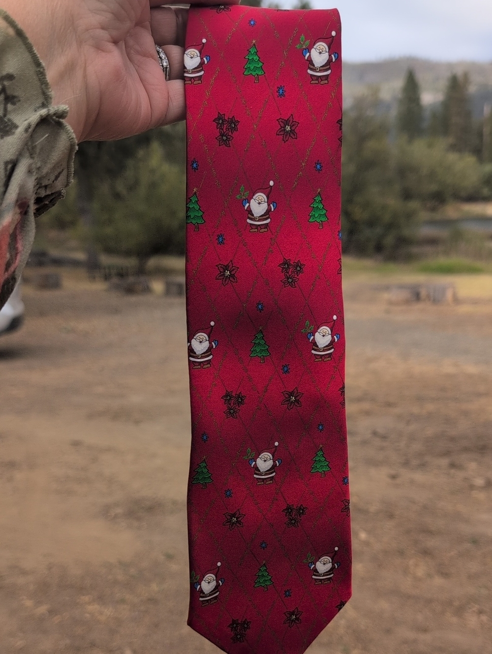 Hallmark Men's Red Christmas Novelty Tie with Santa Tree Pattern 100% Silk